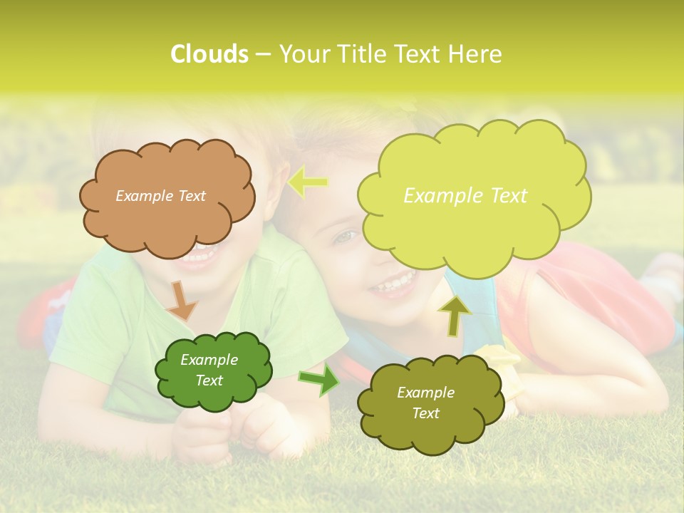 Two Young Children Laying On The Grass In A Park PowerPoint Template