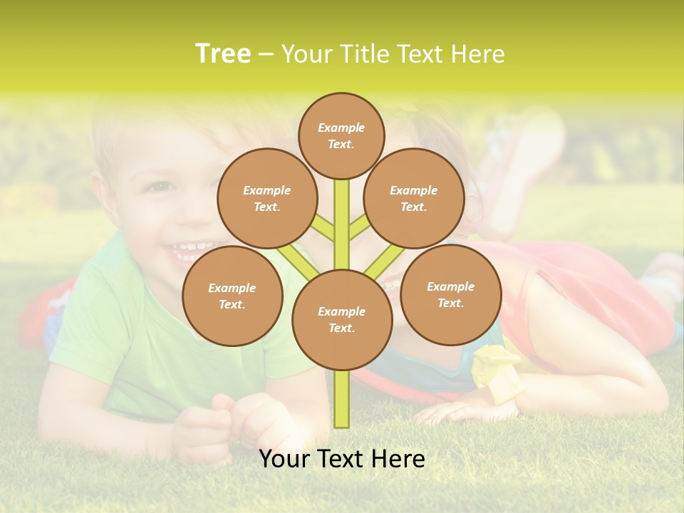 Two Young Children Laying On The Grass In A Park PowerPoint Template