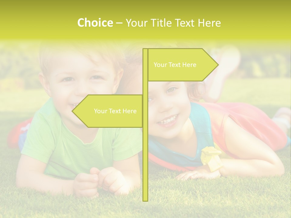 Two Young Children Laying On The Grass In A Park PowerPoint Template