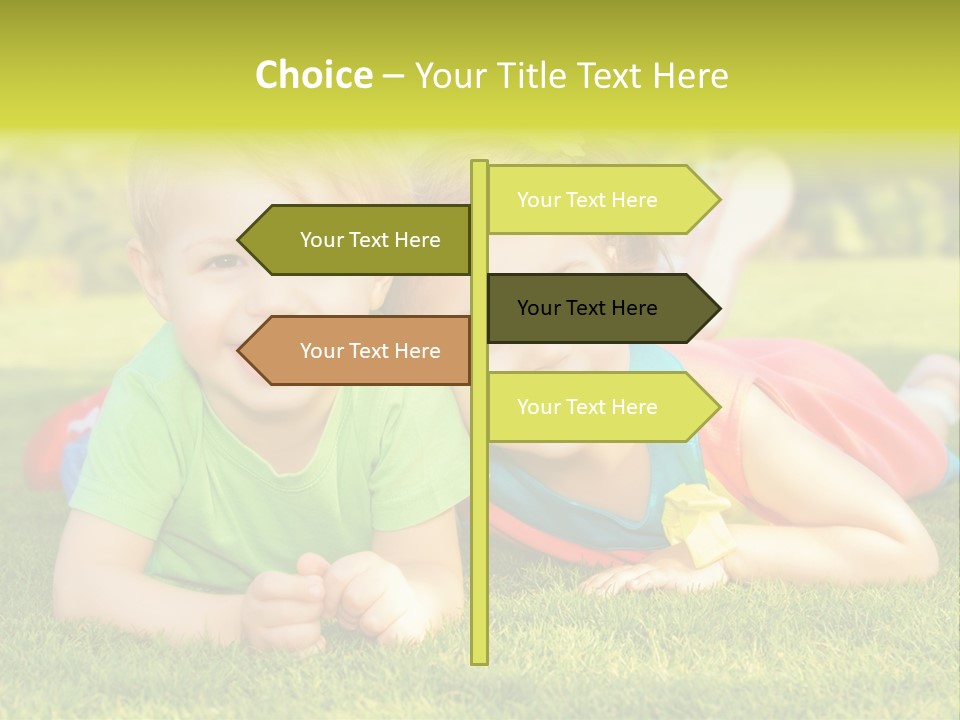 Two Young Children Laying On The Grass In A Park PowerPoint Template