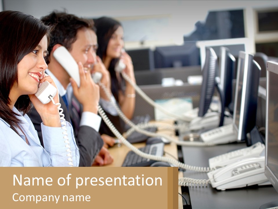 A Group Of People Sitting At A Desk Talking On Telephones PowerPoint Template