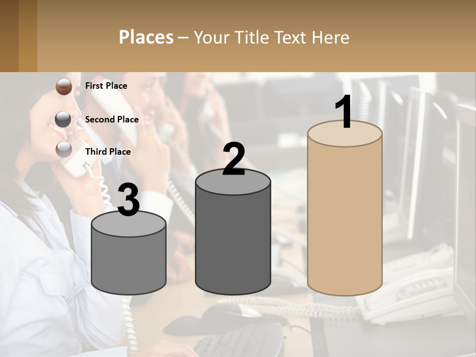 A Group Of People Sitting At A Desk Talking On Telephones PowerPoint Template