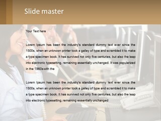 A Group Of People Sitting At A Desk Talking On Telephones PowerPoint Template