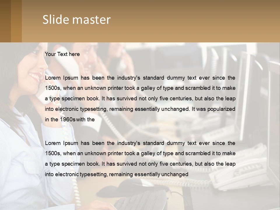 A Group Of People Sitting At A Desk Talking On Telephones PowerPoint Template