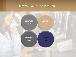 A Group Of People Sitting At A Desk Talking On Telephones PowerPoint Template
