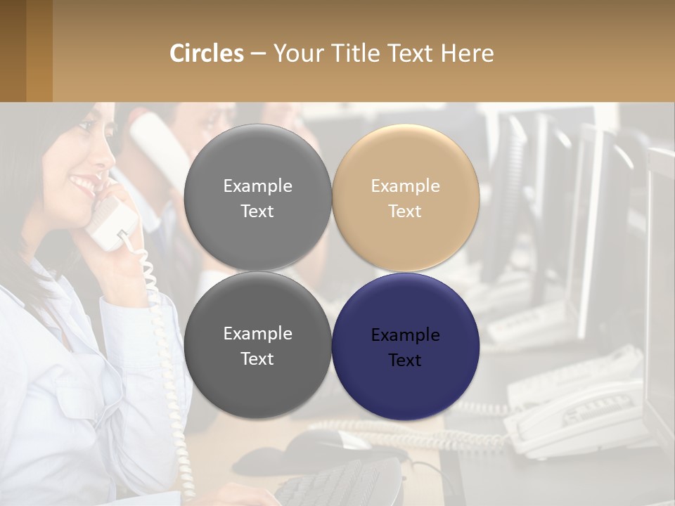 A Group Of People Sitting At A Desk Talking On Telephones PowerPoint Template
