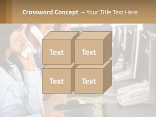 A Group Of People Sitting At A Desk Talking On Telephones PowerPoint Template