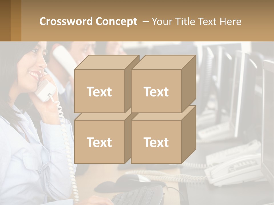 A Group Of People Sitting At A Desk Talking On Telephones PowerPoint Template