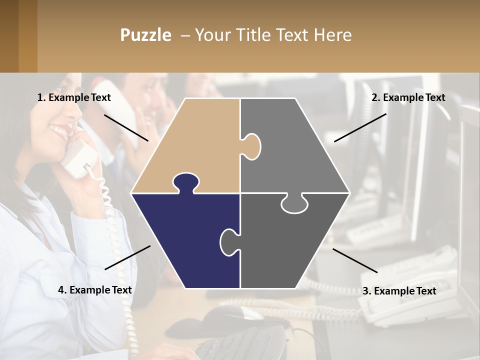A Group Of People Sitting At A Desk Talking On Telephones PowerPoint Template