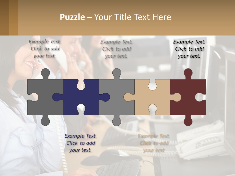 A Group Of People Sitting At A Desk Talking On Telephones PowerPoint Template