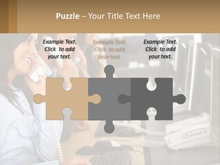 A Group Of People Sitting At A Desk Talking On Telephones PowerPoint Template