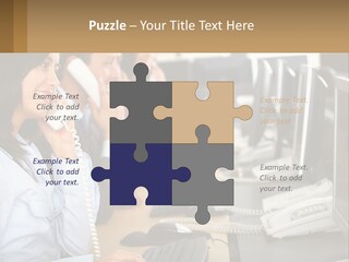 A Group Of People Sitting At A Desk Talking On Telephones PowerPoint Template