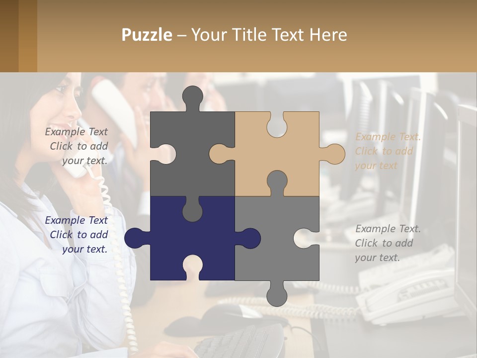 A Group Of People Sitting At A Desk Talking On Telephones PowerPoint Template