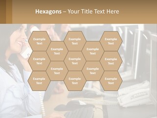 A Group Of People Sitting At A Desk Talking On Telephones PowerPoint Template