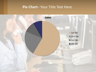 A Group Of People Sitting At A Desk Talking On Telephones PowerPoint Template