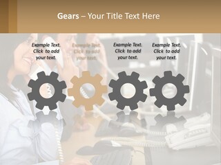 A Group Of People Sitting At A Desk Talking On Telephones PowerPoint Template