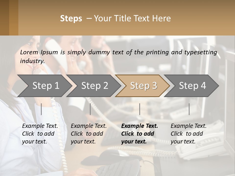 A Group Of People Sitting At A Desk Talking On Telephones PowerPoint Template