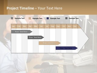 A Group Of People Sitting At A Desk Talking On Telephones PowerPoint Template