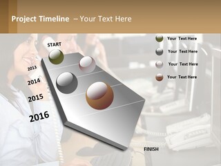 A Group Of People Sitting At A Desk Talking On Telephones PowerPoint Template
