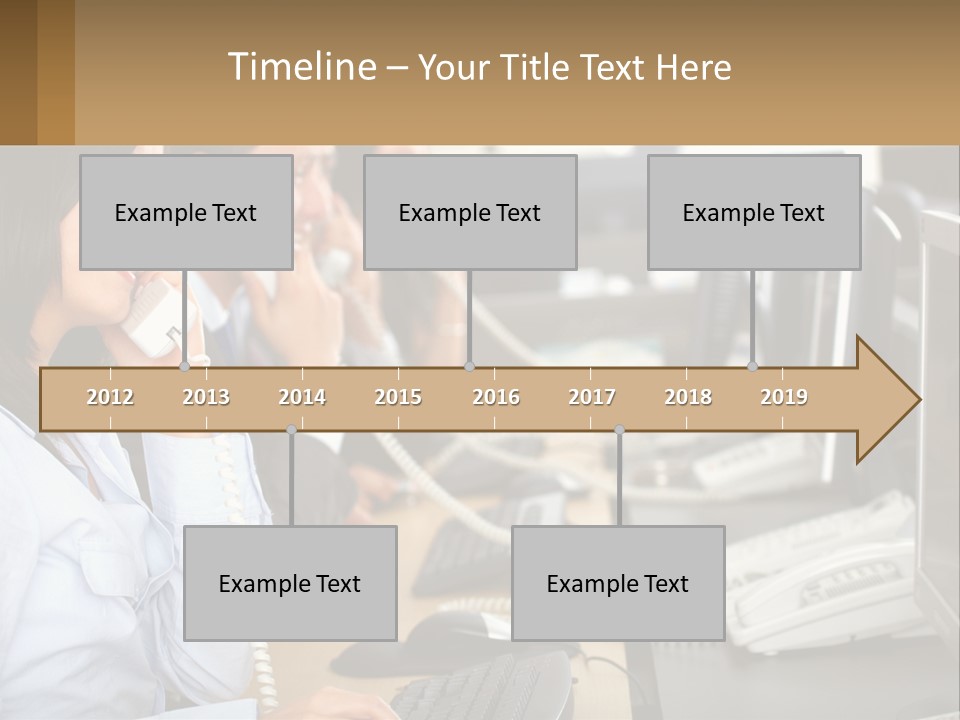 A Group Of People Sitting At A Desk Talking On Telephones PowerPoint Template