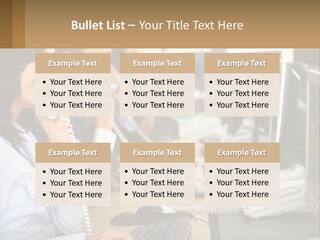 A Group Of People Sitting At A Desk Talking On Telephones PowerPoint Template