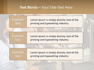 A Group Of People Sitting At A Desk Talking On Telephones PowerPoint Template