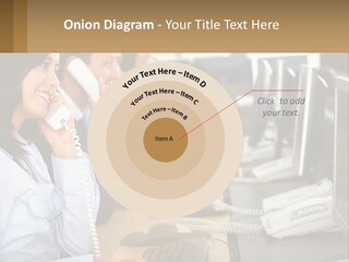 A Group Of People Sitting At A Desk Talking On Telephones PowerPoint Template