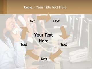 A Group Of People Sitting At A Desk Talking On Telephones PowerPoint Template