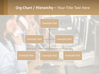 A Group Of People Sitting At A Desk Talking On Telephones PowerPoint Template