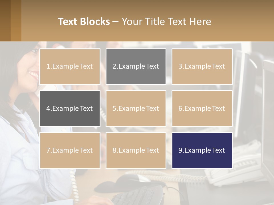 A Group Of People Sitting At A Desk Talking On Telephones PowerPoint Template