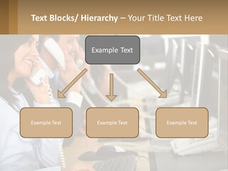 A Group Of People Sitting At A Desk Talking On Telephones PowerPoint Template