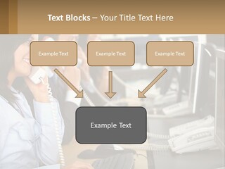 A Group Of People Sitting At A Desk Talking On Telephones PowerPoint Template