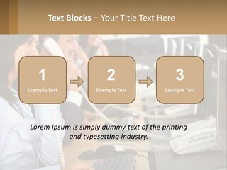 A Group Of People Sitting At A Desk Talking On Telephones PowerPoint Template