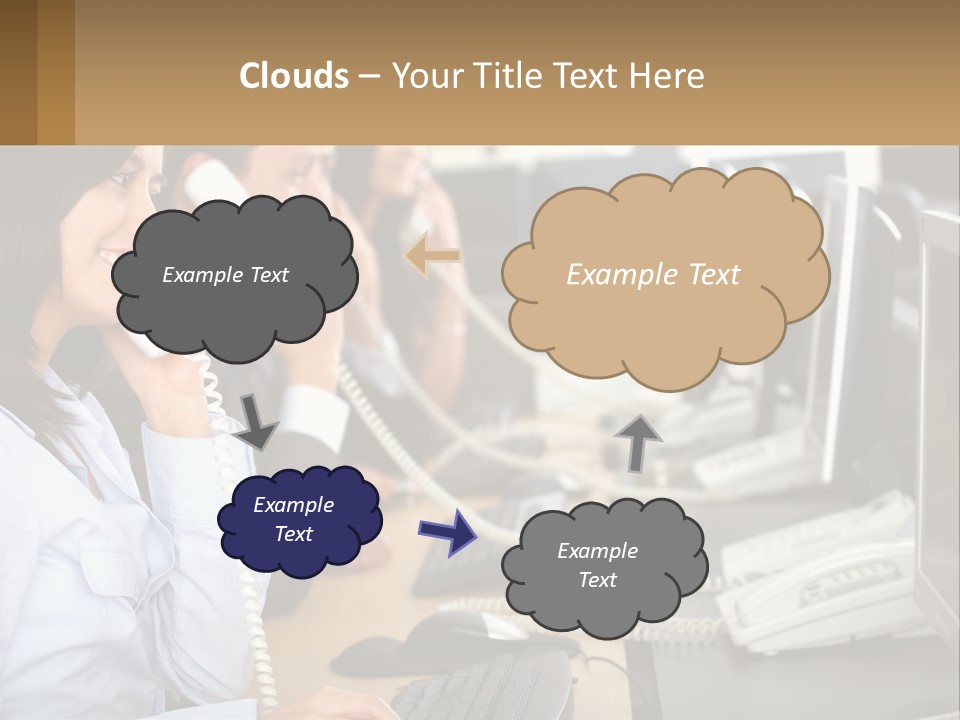 A Group Of People Sitting At A Desk Talking On Telephones PowerPoint Template