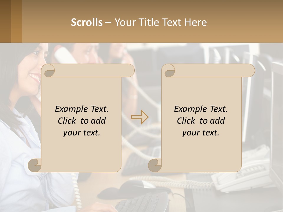 A Group Of People Sitting At A Desk Talking On Telephones PowerPoint Template