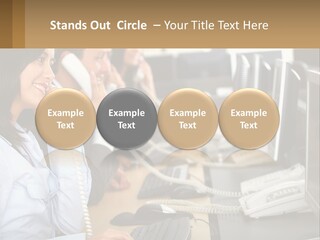 A Group Of People Sitting At A Desk Talking On Telephones PowerPoint Template
