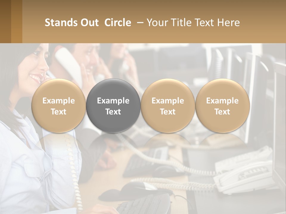 A Group Of People Sitting At A Desk Talking On Telephones PowerPoint Template