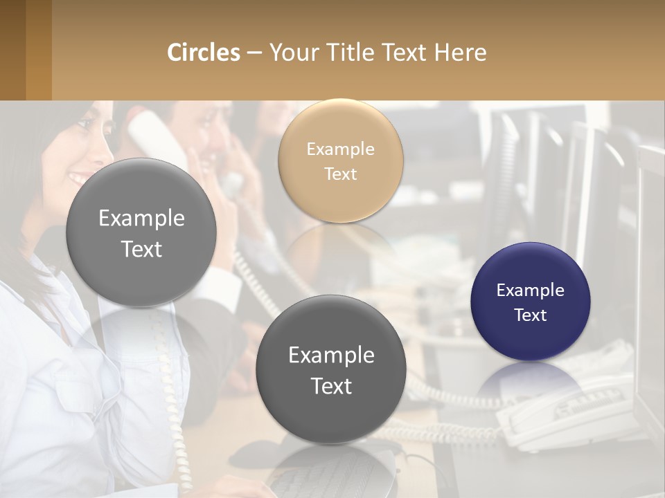 A Group Of People Sitting At A Desk Talking On Telephones PowerPoint Template