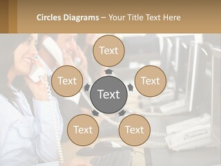 A Group Of People Sitting At A Desk Talking On Telephones PowerPoint Template