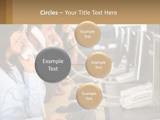A Group Of People Sitting At A Desk Talking On Telephones PowerPoint Template