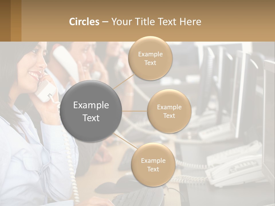 A Group Of People Sitting At A Desk Talking On Telephones PowerPoint Template