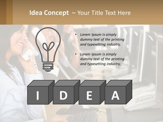 A Group Of People Sitting At A Desk Talking On Telephones PowerPoint Template