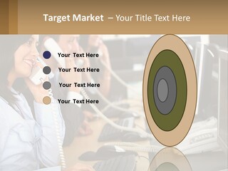 A Group Of People Sitting At A Desk Talking On Telephones PowerPoint Template