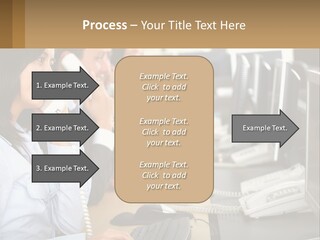 A Group Of People Sitting At A Desk Talking On Telephones PowerPoint Template
