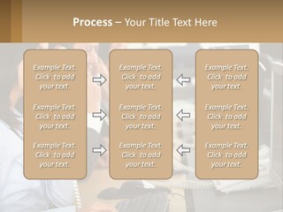 A Group Of People Sitting At A Desk Talking On Telephones PowerPoint Template