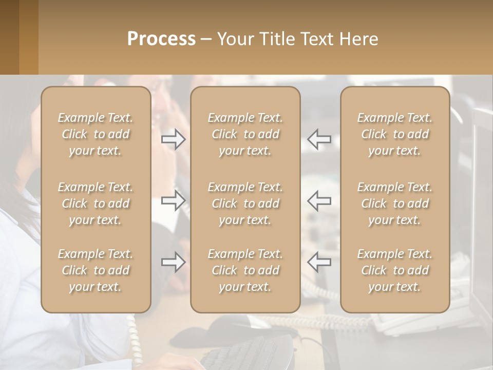 A Group Of People Sitting At A Desk Talking On Telephones PowerPoint Template