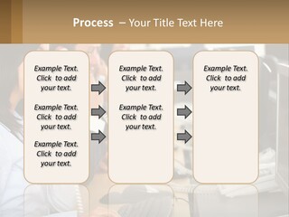 A Group Of People Sitting At A Desk Talking On Telephones PowerPoint Template