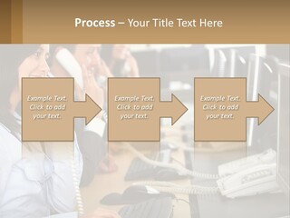 A Group Of People Sitting At A Desk Talking On Telephones PowerPoint Template