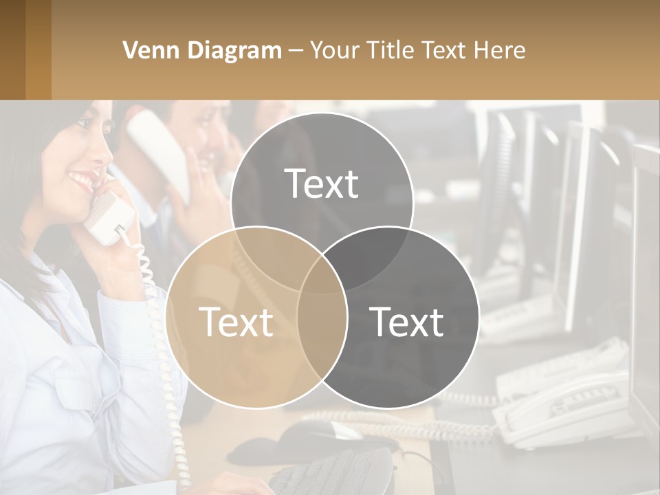 A Group Of People Sitting At A Desk Talking On Telephones PowerPoint Template