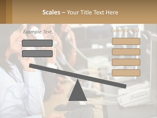 A Group Of People Sitting At A Desk Talking On Telephones PowerPoint Template